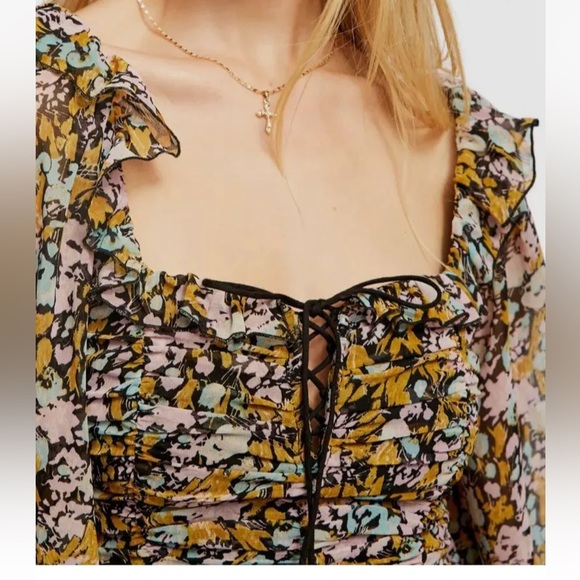 Free People Mabel floral printed ruffle blouse balloon sleeves size small - Picture 11 of 16